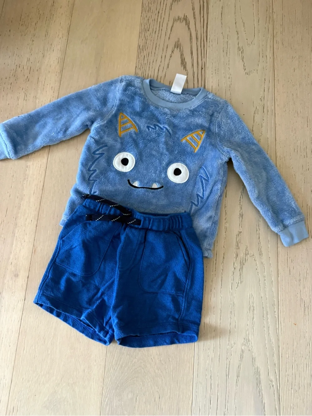 Carter's Light Blue Plush Monster Pajama Top with Royal Cat and Jack Blue Shorts